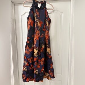 SLNY Fancy Cocktail Navy Floral Midi Dress